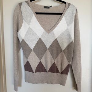 Mexx Argyle V-Neck Sweater Beige Brown Wool Blend Preppy Knit Size L